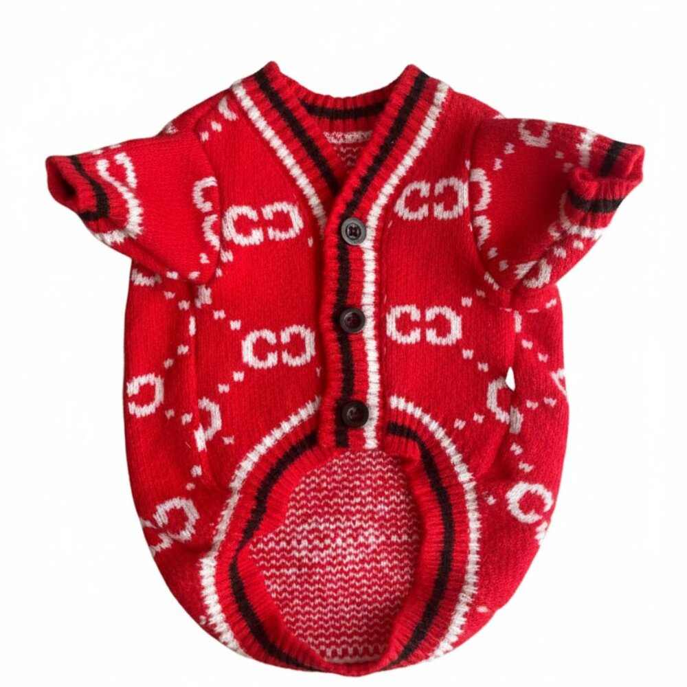 Luxury Red GG Pattern Dog Sweater Button-Up Pet Cardigan (Large)